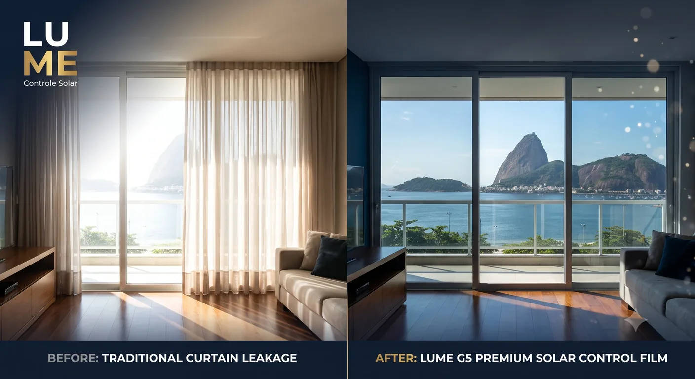 Comparação visual entre cortina e película G5 mostrando diferença de escurecimento e controle de luz no ambiente