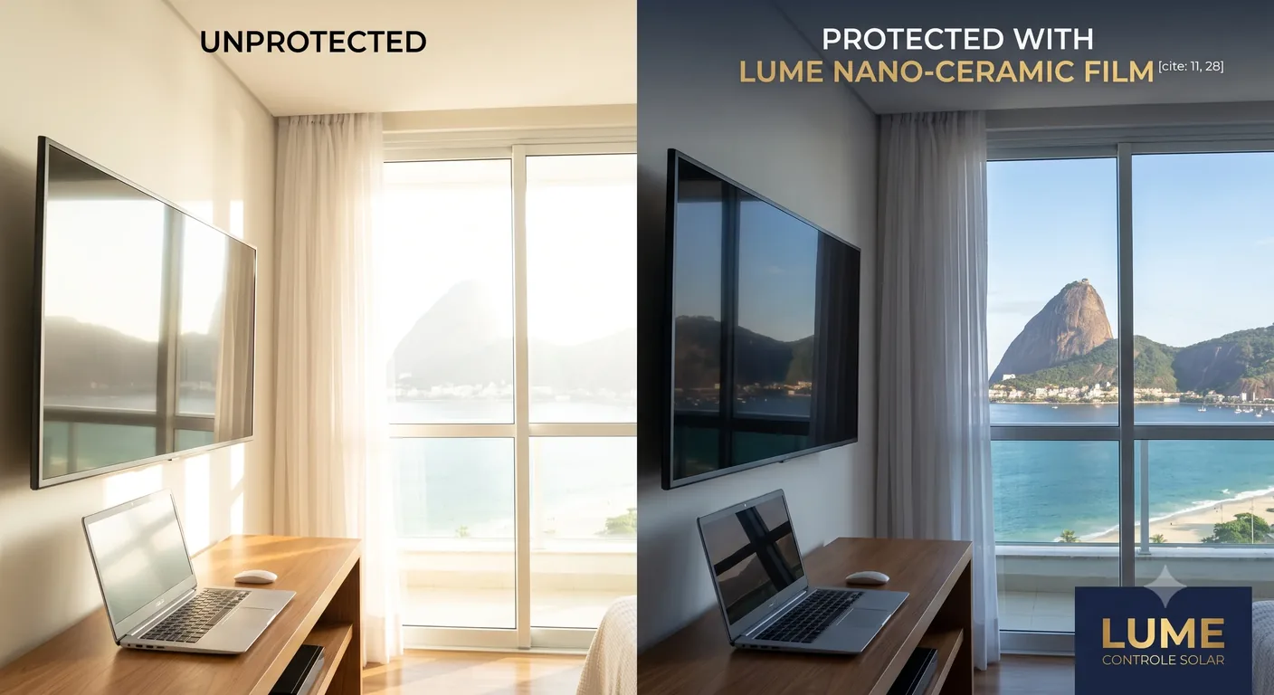 Comparação visual entre cortina e insulfilm nano cerâmica com foco em conforto térmico sem perder luz natural